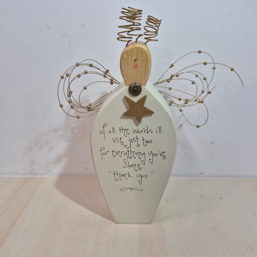 Roman Inc Angel Blessings Wood Figurine Thank You Sentiment Gold Wire Wings 8"